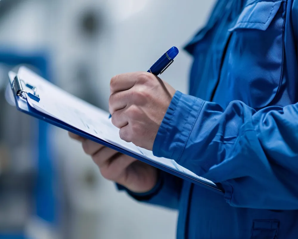 Persoană în echipament albastru de lucru care completează o fișă de verificare pentru standarde și conformitate în fabrica Napochim