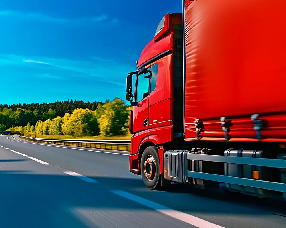 Camion roșu de transport pe autostradă pentru soluțiile de logistică integrată și distribuție națională Napochim