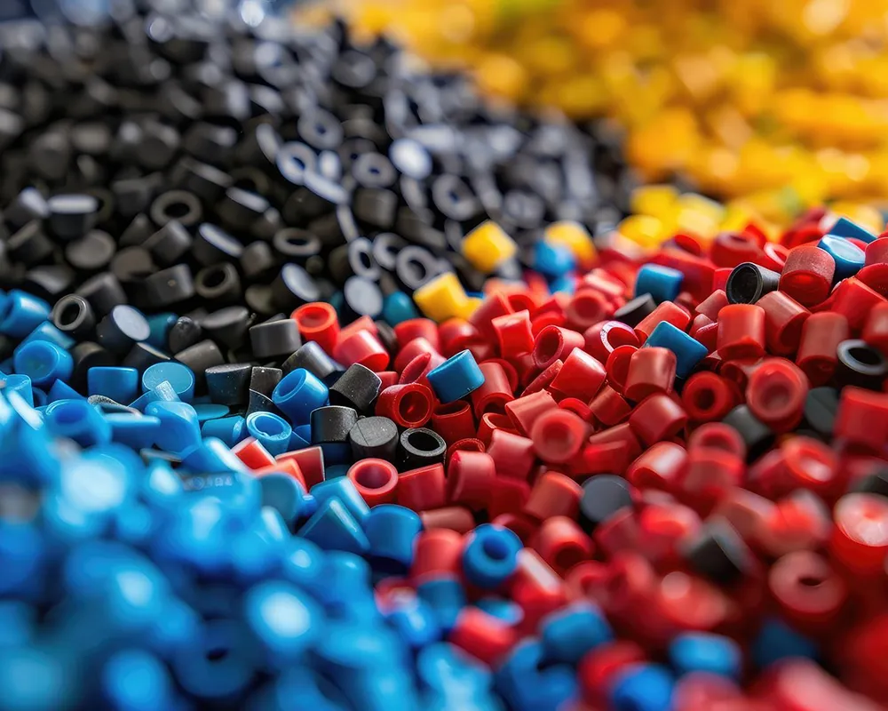Granule și peleți din mase plastice colorate utilizate în fabrica Napochim ca simbol al unei tradiții de peste 75 de ani în producția industrială
